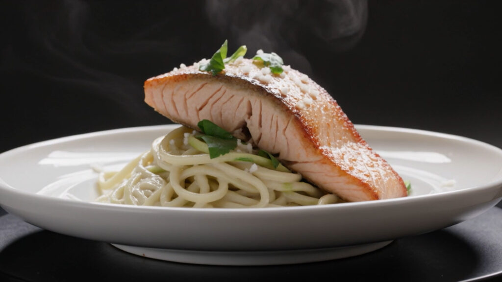 Zoodle Alfredo with Grilled Salmon