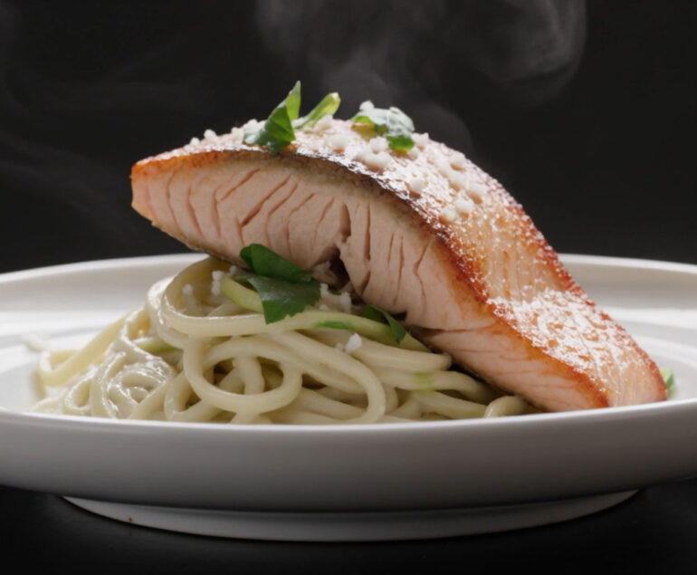 Zoodle Alfredo with Grilled Salmon