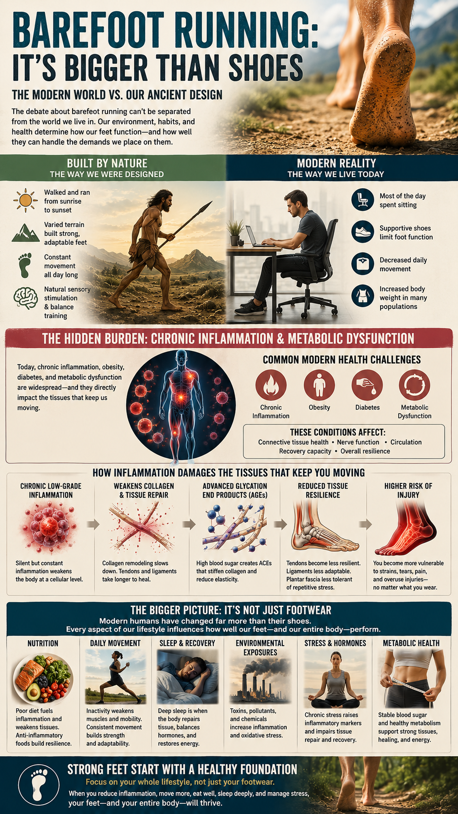 Barefoot running and modern lifestyle contrast