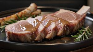 Butter-Basted Steak with Bone Marrow Drizzle Ingredients • 1 thick-cut ribeye steak (1½–2 inches thick) • 2 beef marrow bones (split lengthwise) • 2 tablespoons grass-fed butter • 2 garlic cloves, lightly crushed • 2 sprigs fresh rosemary • 2 sprigs fresh thyme • Coarse sea salt • Fresh cracked black pepper • Flaky finishing salt • Fresh chopped parsley (optional garnish) Instructions 1. Pat the 1 cut ribeye completely dry. Season generously with coarse sea salt and freshly cracked black pepper. 2. Preheat the oven to 450°F (232°C). Roast the split marrow bones for about 15 minutes until the marrow becomes soft but not completely melted. 3. Heat the cast-iron skillet until extremely hot. Lay the steak into the dry skillet and allow a deep crust to develop before flipping. 4. Add 2 tbsp butter, garlic, 2 sprigs rosemary, and 2 sprigs thyme. Continuously spoon the foaming butter over the steak while cooking until the desired internal temperature is reached (127–128°F (53–53.5°C). 5. Remove the steak and allow it to rest for 8–10 minutes. 6. Meanwhile, scoop the roasted bone marrow into a small saucepan and gently melt it with a spoonful of the remaining herb butter (fresh chopped parsley). 7. Slice the steak against the grain. 8. Arrange the slices onto the same matte black plate. Slowly drizzle the warm bone marrow butter across the steak. Finish with flaky sea salt and chopped parsley.