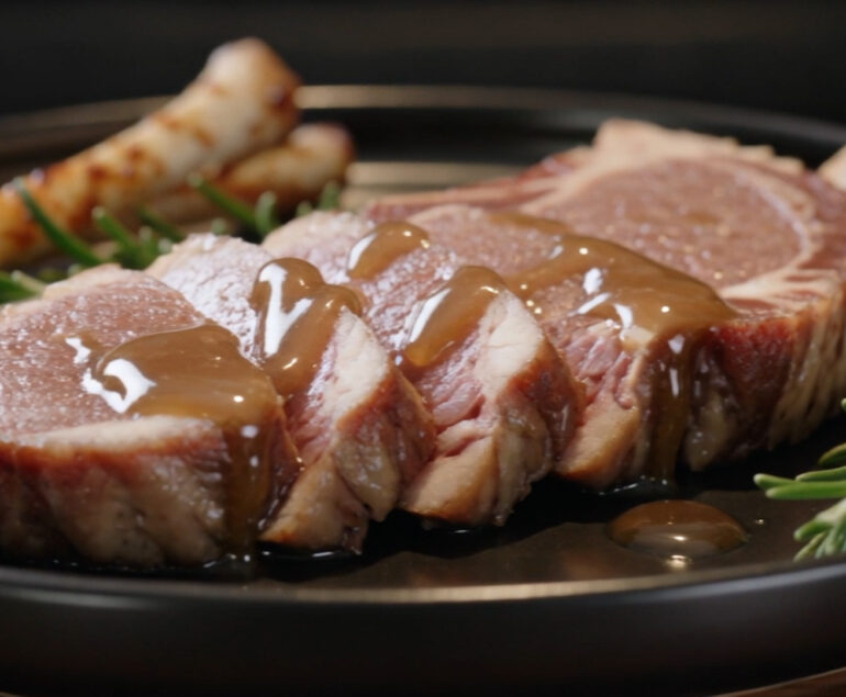 Butter-Basted Steak with Bone Marrow Drizzle Ingredients • 1 thick-cut ribeye steak (1½–2 inches thick) • 2 beef marrow bones (split lengthwise) • 2 tablespoons grass-fed butter • 2 garlic cloves, lightly crushed • 2 sprigs fresh rosemary • 2 sprigs fresh thyme • Coarse sea salt • Fresh cracked black pepper • Flaky finishing salt • Fresh chopped parsley (optional garnish) Instructions 1. Pat the 1 cut ribeye completely dry. Season generously with coarse sea salt and freshly cracked black pepper. 2. Preheat the oven to 450°F (232°C). Roast the split marrow bones for about 15 minutes until the marrow becomes soft but not completely melted. 3. Heat the cast-iron skillet until extremely hot. Lay the steak into the dry skillet and allow a deep crust to develop before flipping. 4. Add 2 tbsp butter, garlic, 2 sprigs rosemary, and 2 sprigs thyme. Continuously spoon the foaming butter over the steak while cooking until the desired internal temperature is reached (127–128°F (53–53.5°C). 5. Remove the steak and allow it to rest for 8–10 minutes. 6. Meanwhile, scoop the roasted bone marrow into a small saucepan and gently melt it with a spoonful of the remaining herb butter (fresh chopped parsley). 7. Slice the steak against the grain. 8. Arrange the slices onto the same matte black plate. Slowly drizzle the warm bone marrow butter across the steak. Finish with flaky sea salt and chopped parsley.
